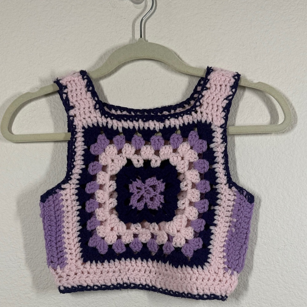 Handmade Crocheted Square-Front Crop Top in Pink, Lavender and Purple